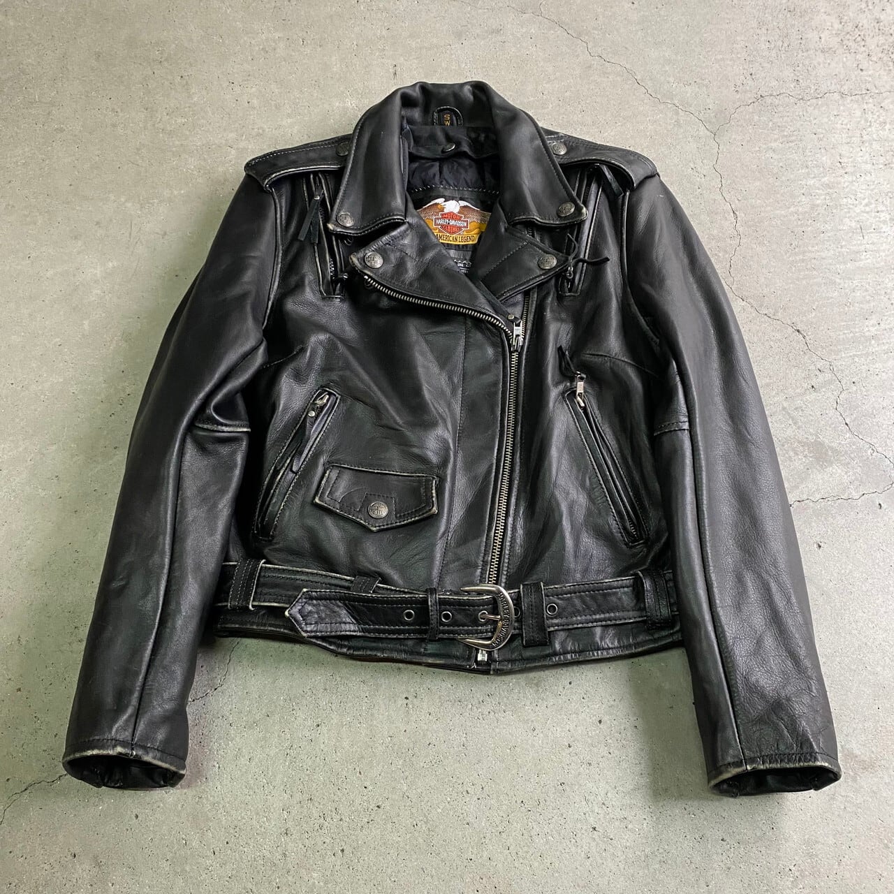 HARLEY-DAVIDSON ハーレーダビッドソン ダブルライダースジャケット レザージャケット ベンチレーション レディースM-L相当  メンズS-M相当 古着 ライナー付き ブラック 黒色 革ジャン【ブルゾン・ジャケット】【WS2202-15】【2203AL15】 | cave