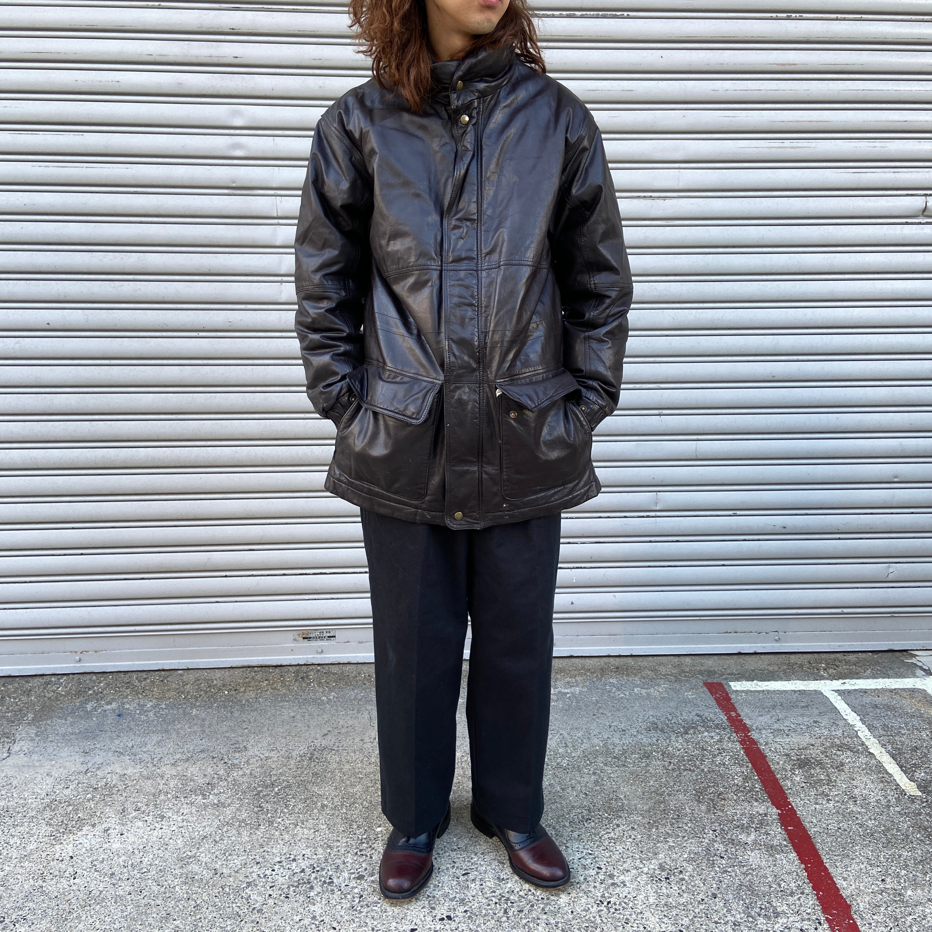 送料無料』80-90s eddie bauer オールレザーダウンジャケット 黒タグ ...