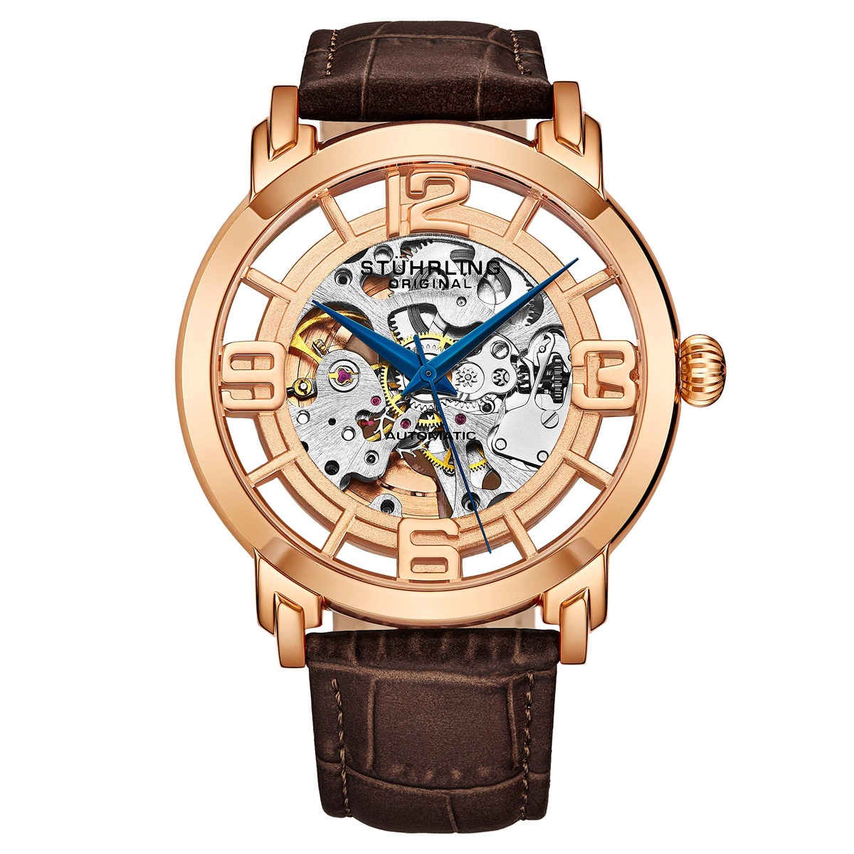 Stuhrling Original Herren-Automatikuhr Mit Skelett-Design, Schwarzes Lederarmband