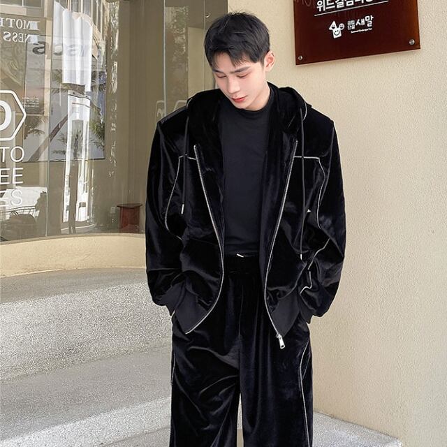 最終値下げCleveland ブラックジャケット＆パンツセット 予約販売】メンズ セットアップ 上下 長袖 ベロア調 ブラック ライン