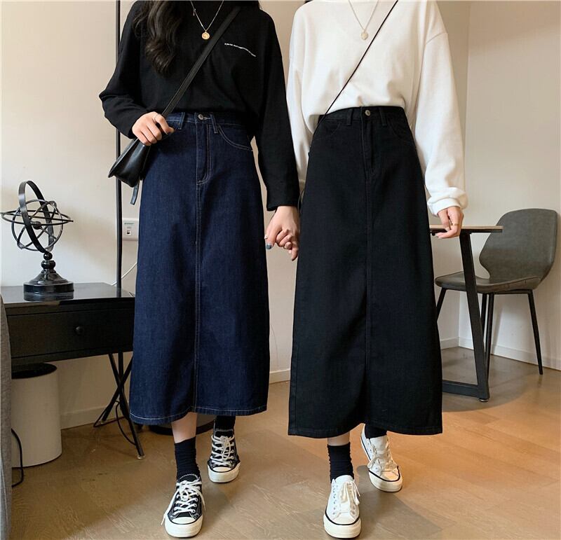 デニムスカート女性2020年秋新作シックレトロスプリットAラインスカートハイウエストスリムミディスカート クレセントシティ21540188332