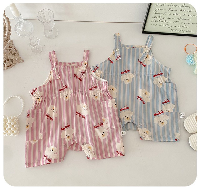 【セット】いぬプリントストライプサロペットロンパース半袖Tシャツセット - 10