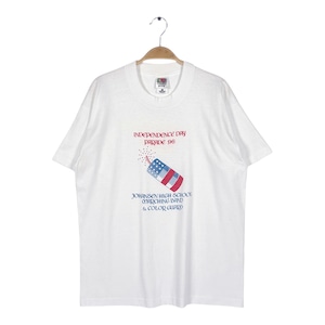 90s アメリカ独立記念日 星条旗 爆竹 ヴィンテージ Tシャツ 花火 FIRE WORKS ホワイト シングルステッチ フルーツオブザルーム サイズL 古着 BZ0585