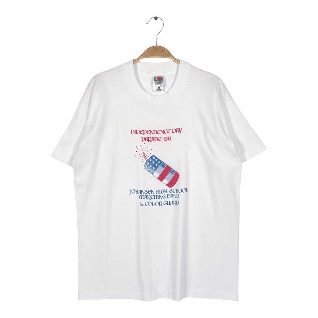 90s アメリカ独立記念日 星条旗 爆竹 ヴィンテージ Tシャツ 花火 FIRE WORKS ホワイト シングルステッチ フルーツオブザルーム サイズL 古着 BZ0585