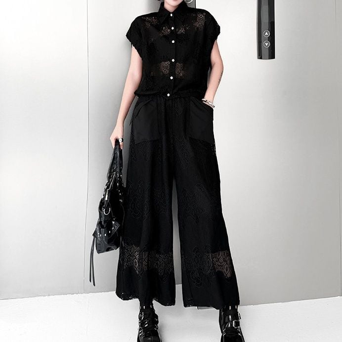 LACE SLEEVELESS SHIRT AND WIDE LEG PANTS SETUP M-17851