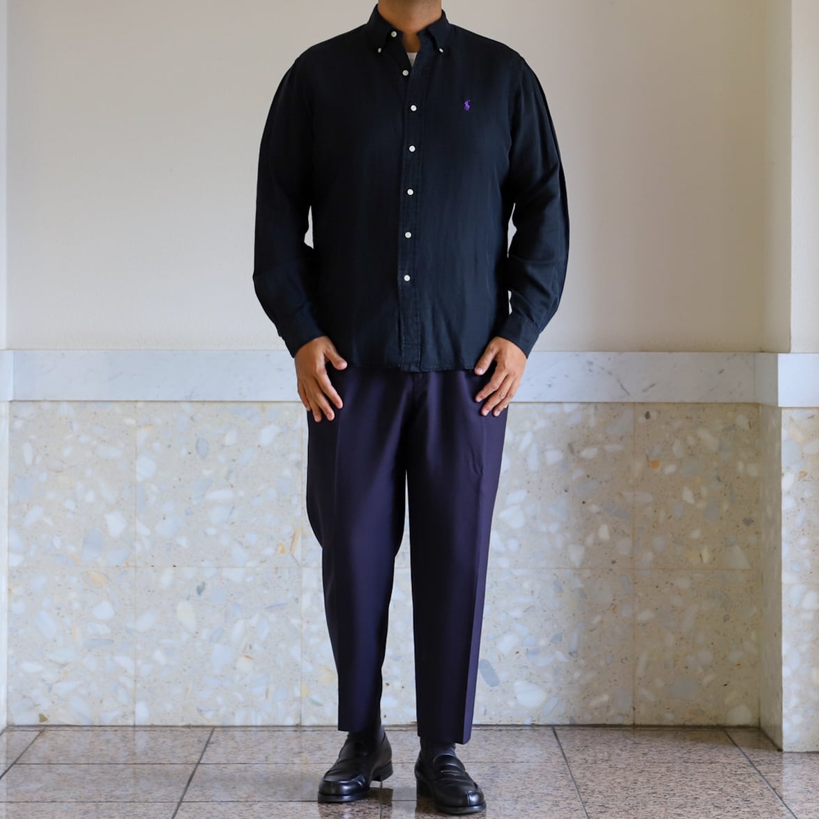ミケ　ラルフローレン シルク100% バンドカラーシャツ 黒 XL相当 極美品】80s Ralph Lauren special linen silk shirt Black big size