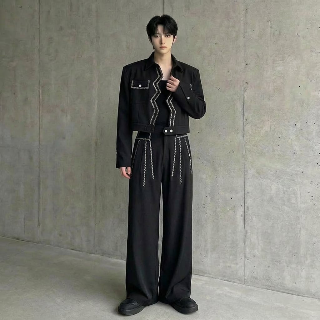 ウェーブステッチ刺繍 ショートジャケット&パンツセットアップ 2カラー D11233