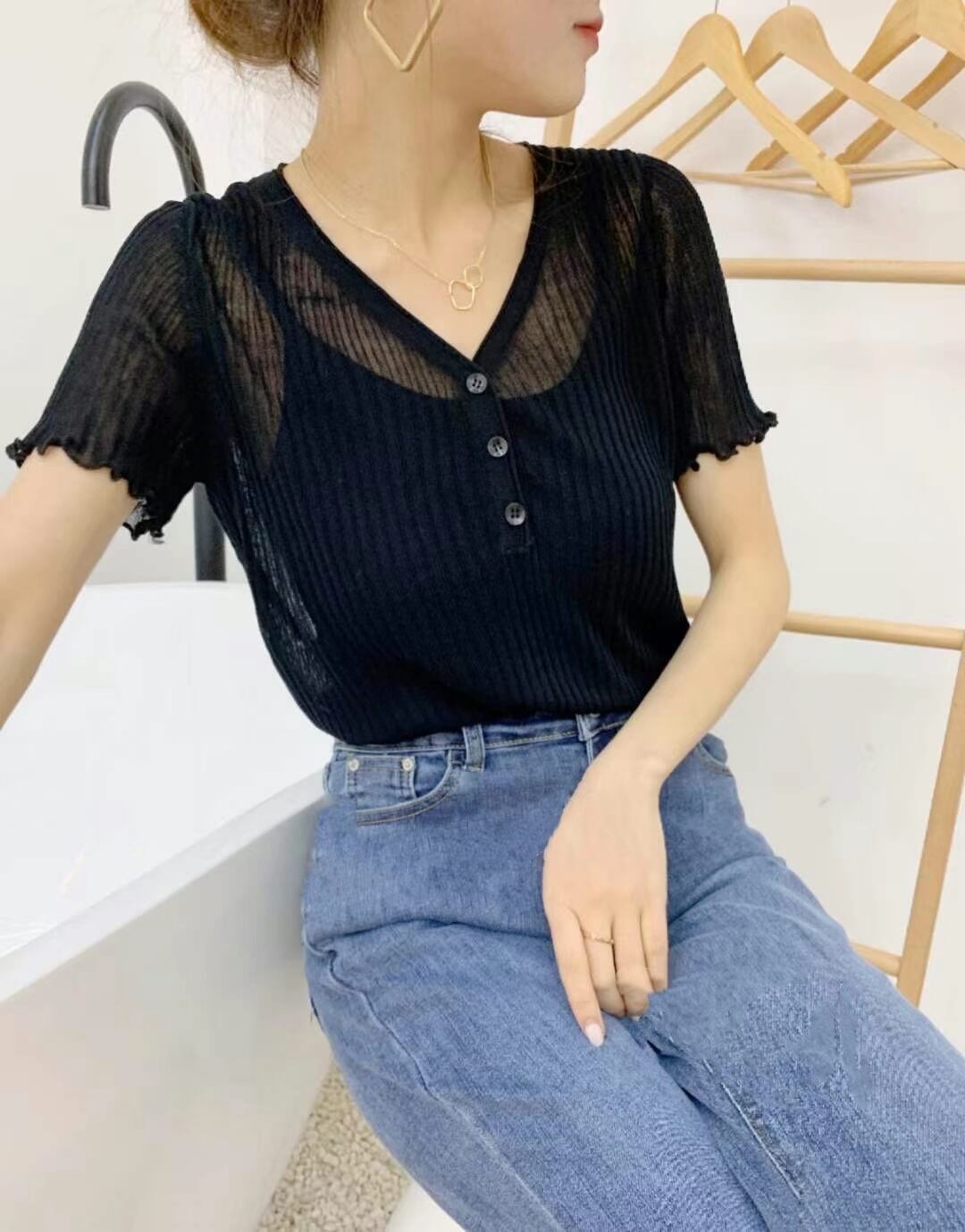 ヘンリーネック シアーリブトップス　AJ111-528-1