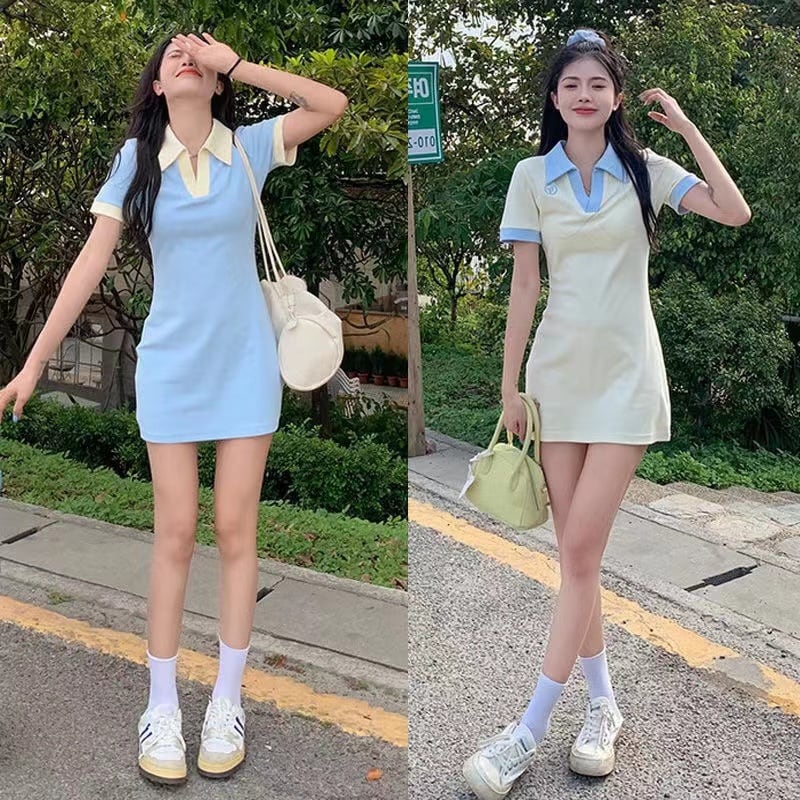 【新作】【送料無料】 カラーブロックポロカラードレス夏の新韓国語バージョン純粋な欲望スタイル痩身半袖ヒップスカート女性のための 0234967020846