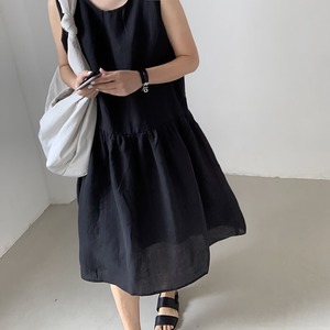 【送料無料】ワンピース ドレス レディース 2色 夏 ロングワンピース ロング ミモレ丈 ノースリーブ クルーネック リゾートワンピース リゾートドレス サマードレス 裾切り替え ティアード 無地 シンプル ナチュラル フレア ゆったり オーバーサイズ 体型カバー 着痩せ 細見え 脚長 大人 カジュアル 無地 シンプル 韓国 人気 おしゃれ お出かけ 旅行 リゾート デート 薄手 20代 30代 40代 50代 ピンク ブラック 黒