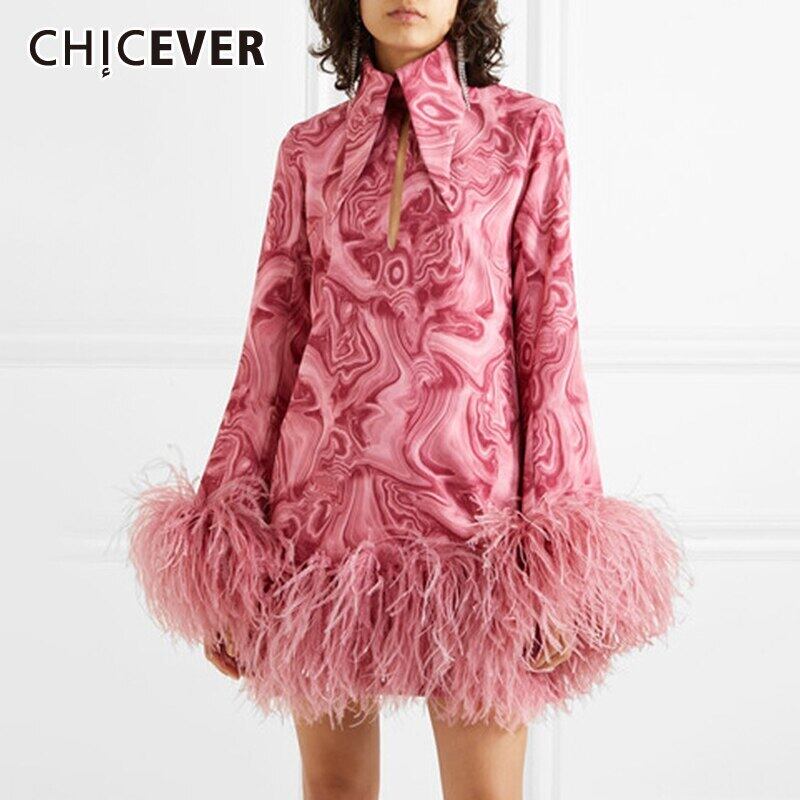 CHICEVERピンクドレスレディースラペル長袖プリントヒットカラーパッチワークフェザーミニドレス2020服 ロング 6base542275395755