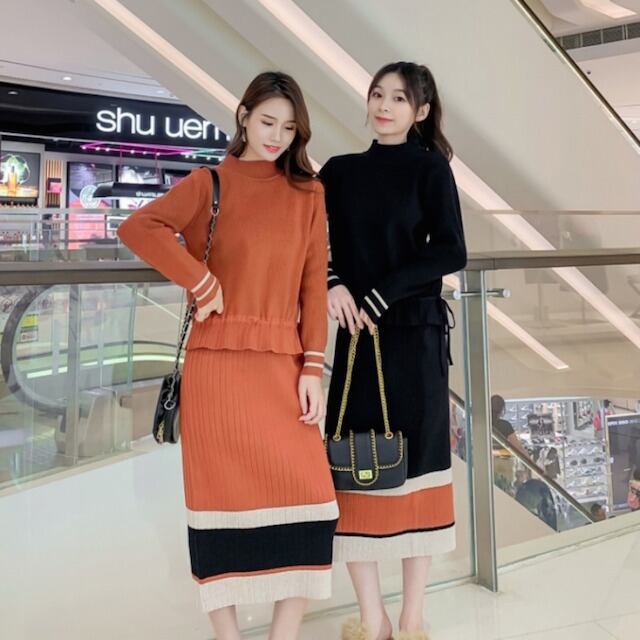 【予約販売】セットアップ レディース スカート ミドル丈 タートル スリム 長袖 ボーダー ブラック ブラウン 秋冬 お出かけ デート おしゃれ 可愛い