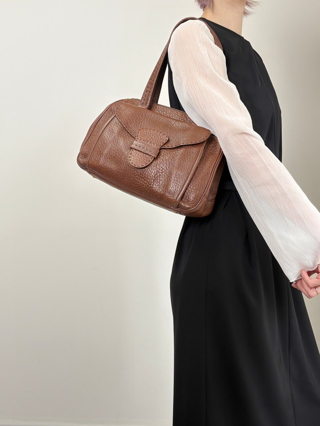 PRADA プラダ ハンドバッグ ブラウン トライアングルロゴ　フロントバックル レザー ボストン vintage ヴィンテージ オールド v46bhc