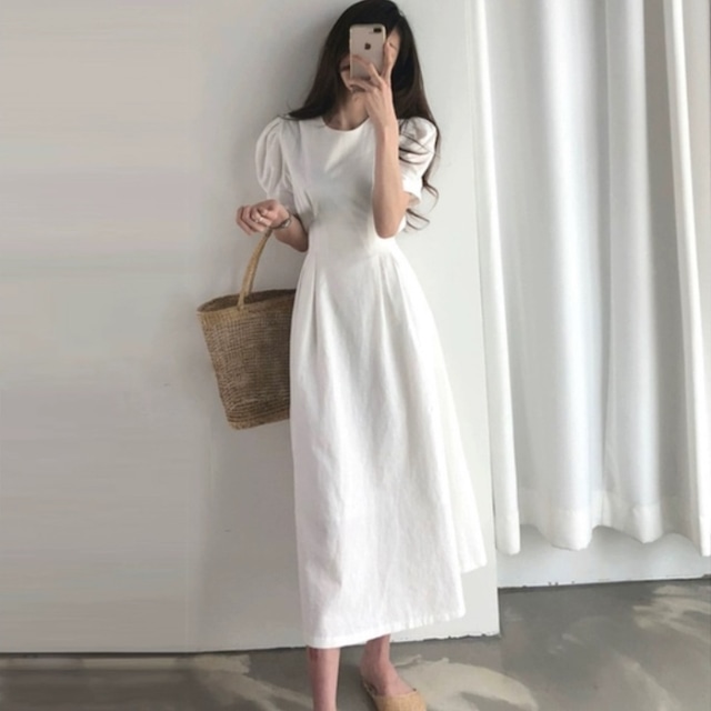 韓国 ワンピース 夏 白ワンピース ロング 韓国 ファッション 夏服 レディース 上品 清楚 大人可愛い ロングワンピース 夏 ウエストリボン フレア Aライン ワンピ 夏物 パフスリーブ ロングワンピ Vestito