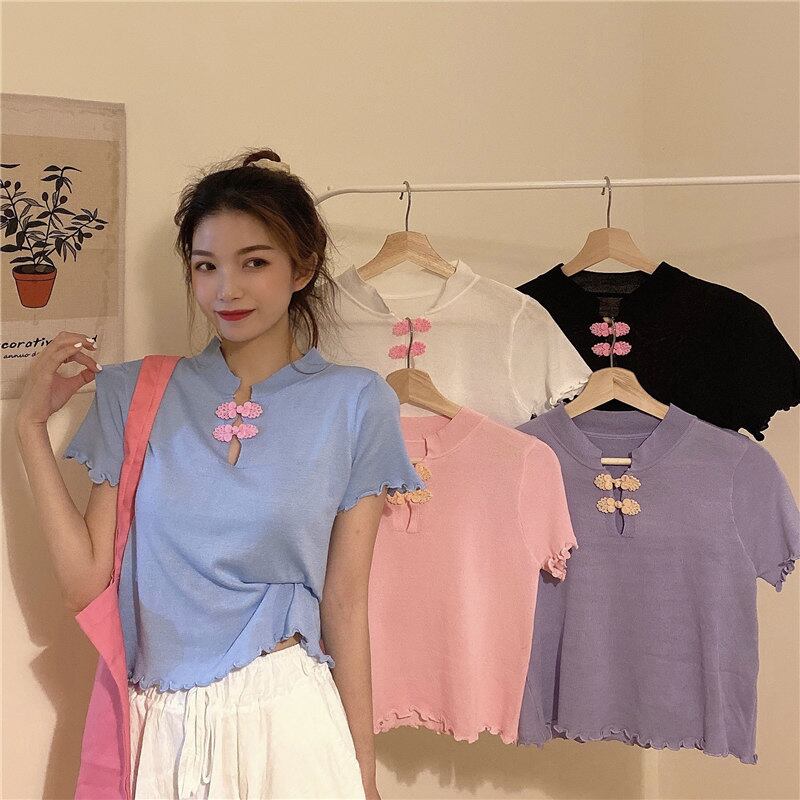 ボタンレースTシャツ シャツ レディースサマーカラーショートルーズ 大人ガーリー スウィート キュート カジュアル 夏物 ピュア 萌量不足55144038326