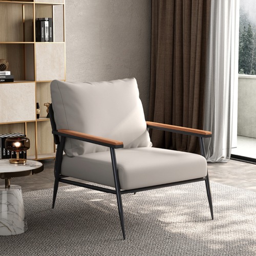 モダン アームチェア 一人掛け ソファ 北欧風 スチールフレーム ウッドアーム レザー調 ファブリック リビングチェア ラウンジチェア インダストリアル ミッドセンチュリー