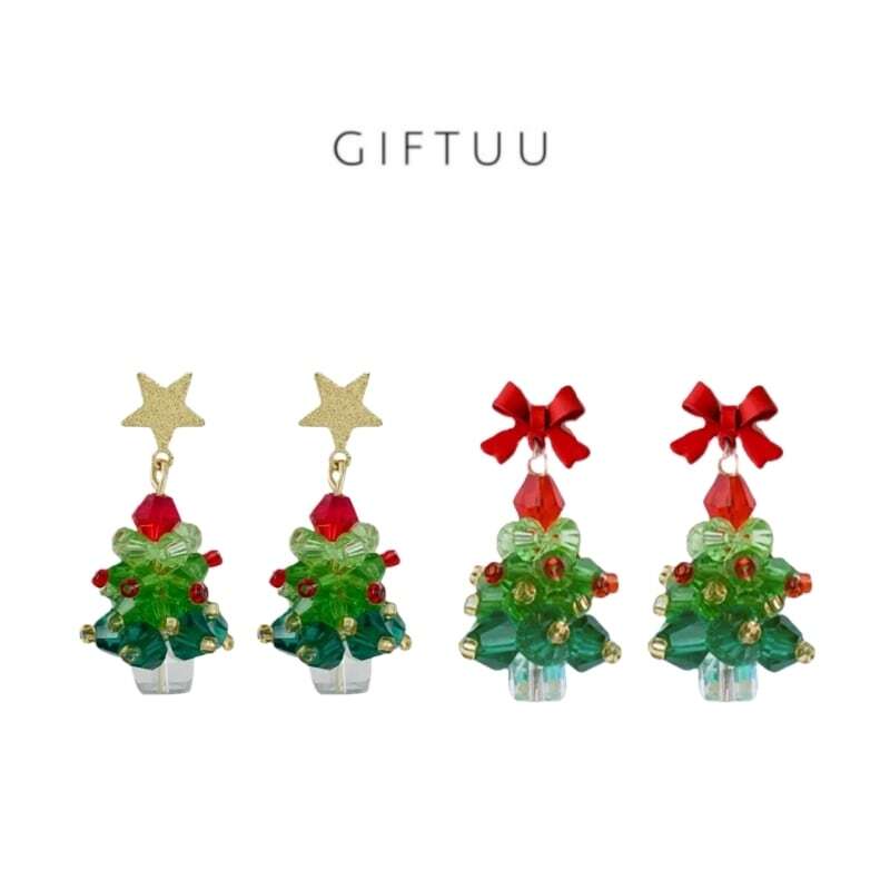 HY 202 . クリスマスツリー ピアス／イヤリング レディース 赤リボン