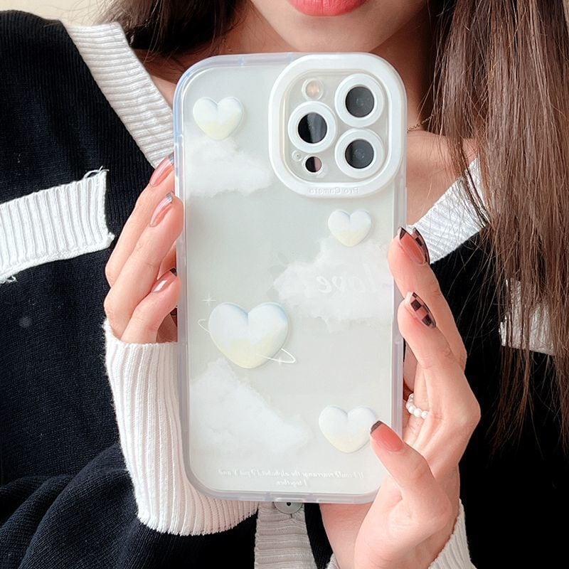 【再販】雲とハートのクリアケース◎透明 ホワイト 耐衝撃 カメラ保護フレーム iPhone14 カバー スマホケース ND-14584