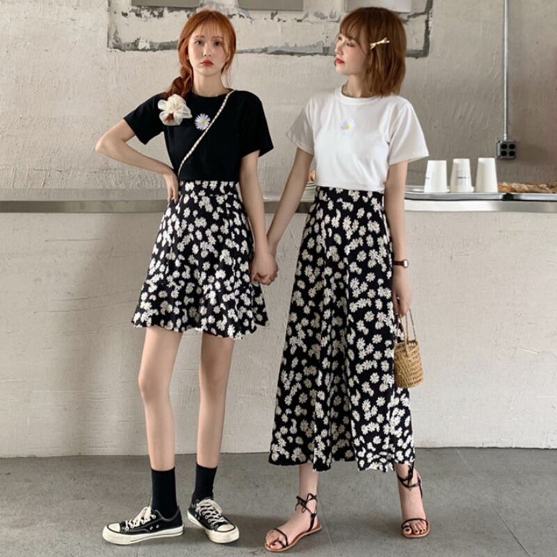 ウエスタンスタイルの年齢を減らすスカートスーツ女性2020サマードレス香港フレーバー小さなデイジー刺繡半袖Tシャツ+スカートツーピースセット 1号婦人87303232011