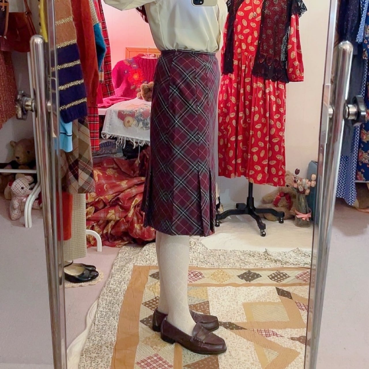 purple gray check tuck skirt
