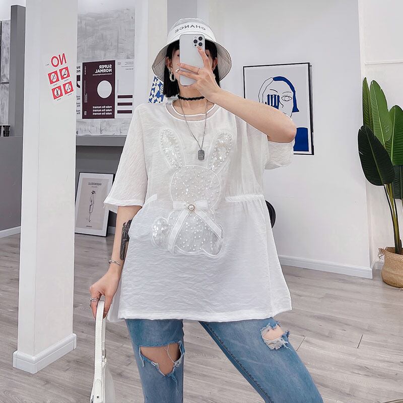 パターンラウンドネックTシャツ トップス 大きめサイズ 大人ガーリー スウィート キュート カジュアル Oネック ミックスインファッション25694875725