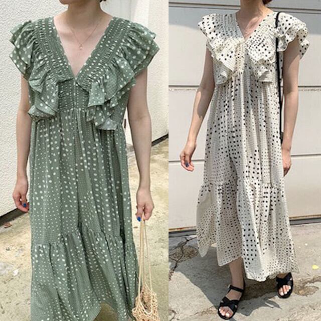 レディース ワンピース マキシワンピース ティアード ロング丈 ワンピ ホワイト/グリーン フェミニン ドット柄 フリル