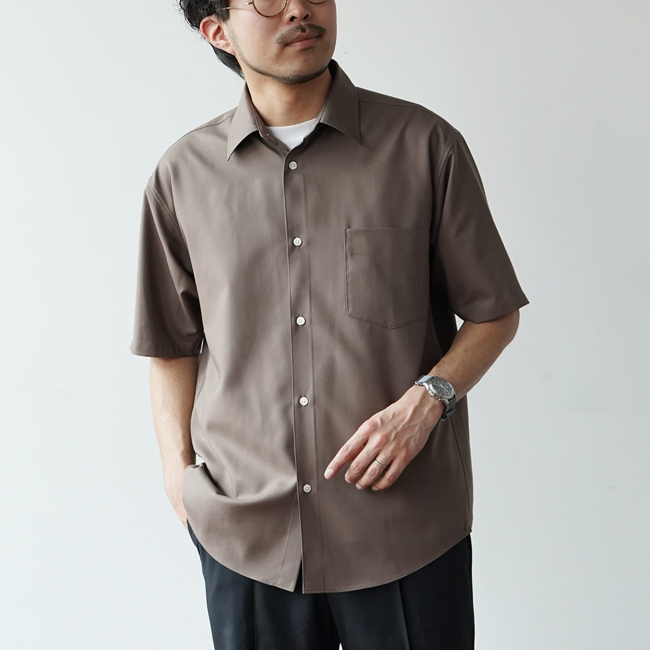 JiTan もりすん尾州ウール半袖シャツ　モカ（SUPER160's）XL 大人の好印象コーデに様変わりする「尾州ウール半袖シャツ