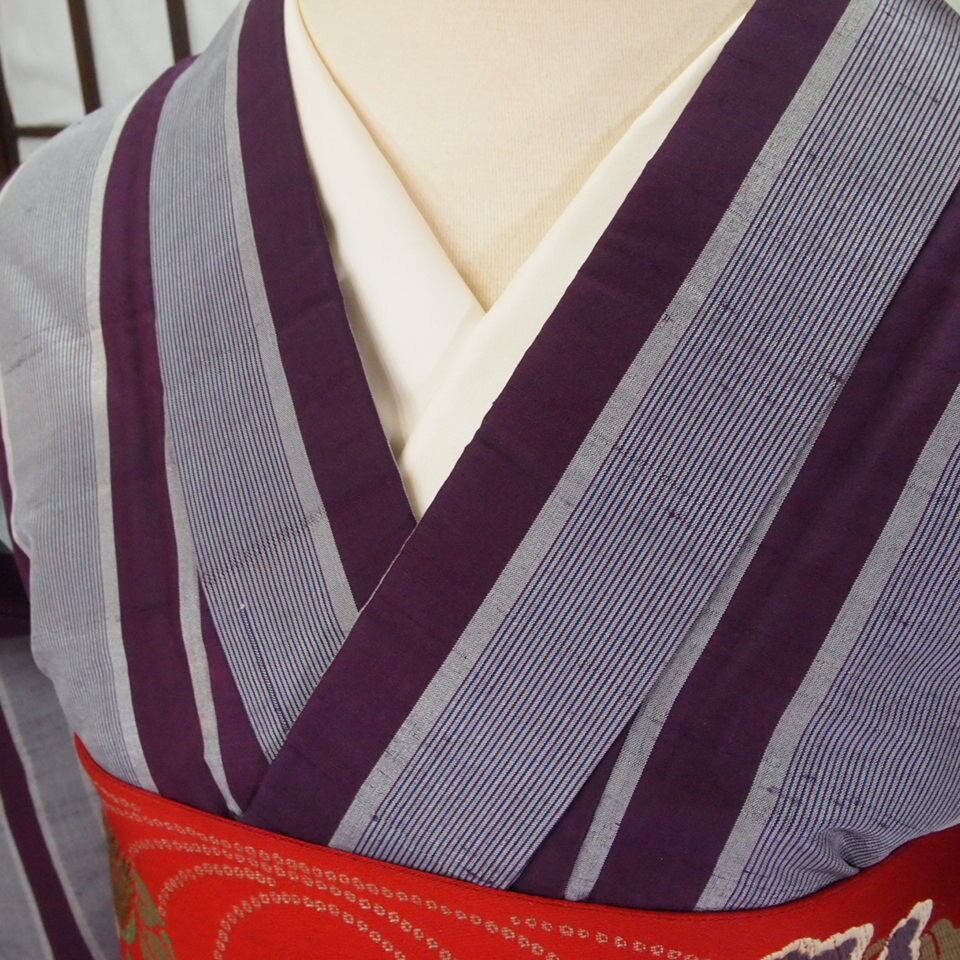 アンティーク着物'(単衣)】紫と灰色の縦縞模様の銘仙着物 | ひふみ屋