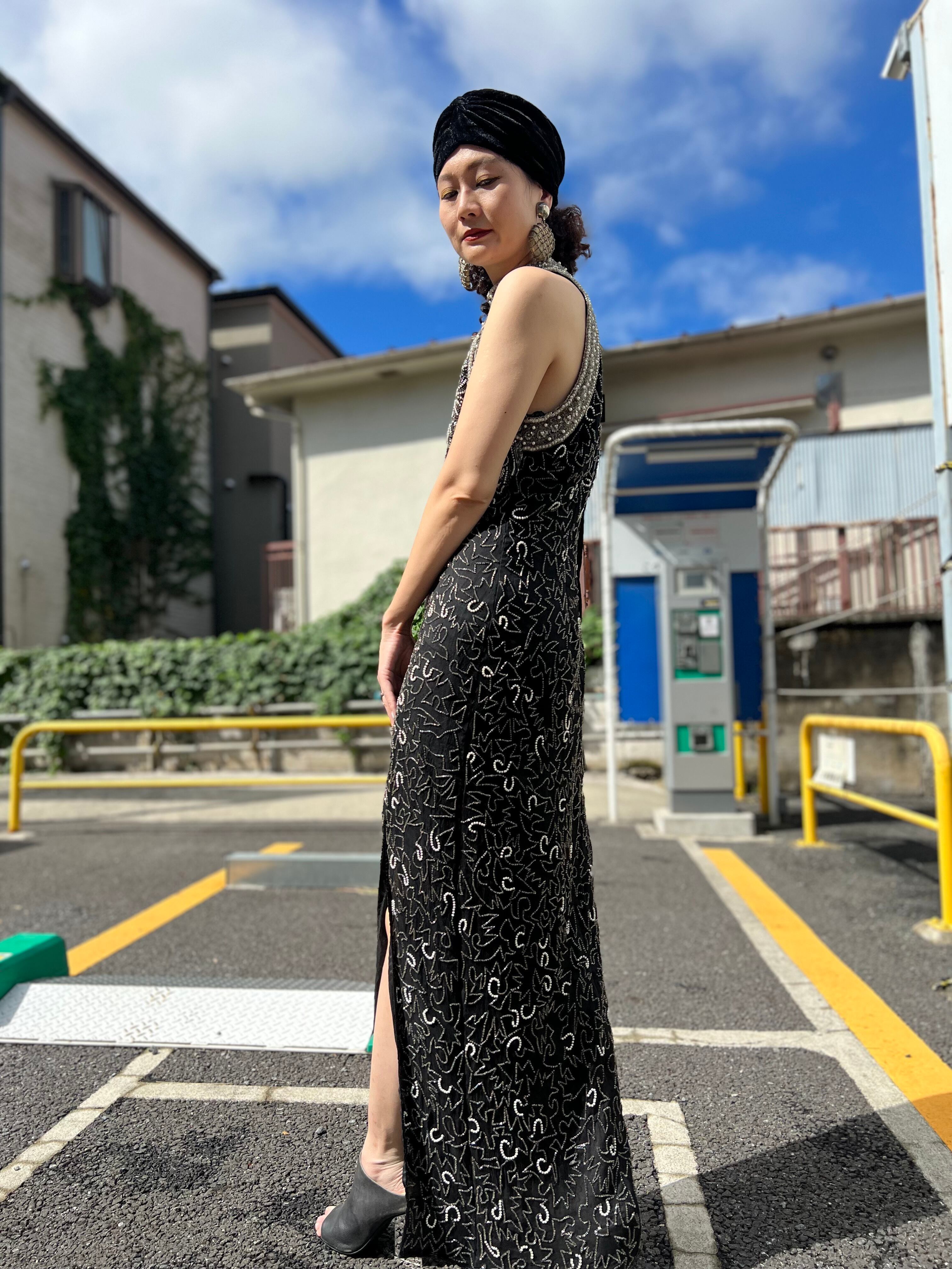 Vintage black × beads silk dress ( ヴィンテージ ブラック × ビーズ 