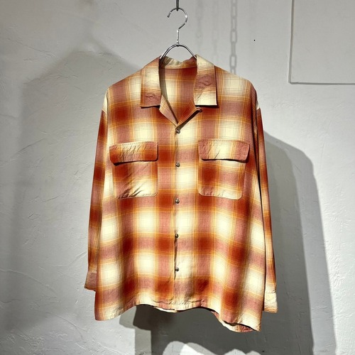 50s Unknown Ombre Check Open Collar Rayon Shirt