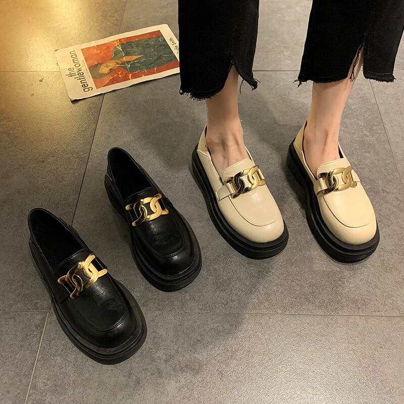 レザースタイルブラックスプリングオータムスタンダードシングル 靴 シューズ レトロ ローファー 春物 秋物 部族の婦人靴58738819026