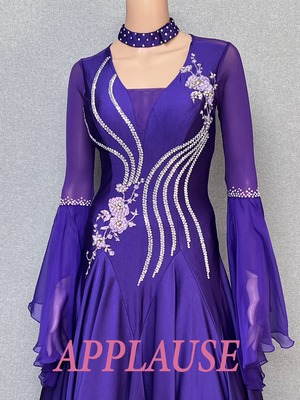 【新着】パーティードレス　社交ダンス ドレス　スタンダード　モダンドレス　パープル（ベルスリーブ）M　ST-25-22　デモ・競技用ドレス　発表会衣装　パーティドレス　ワンピース　舞台衣装