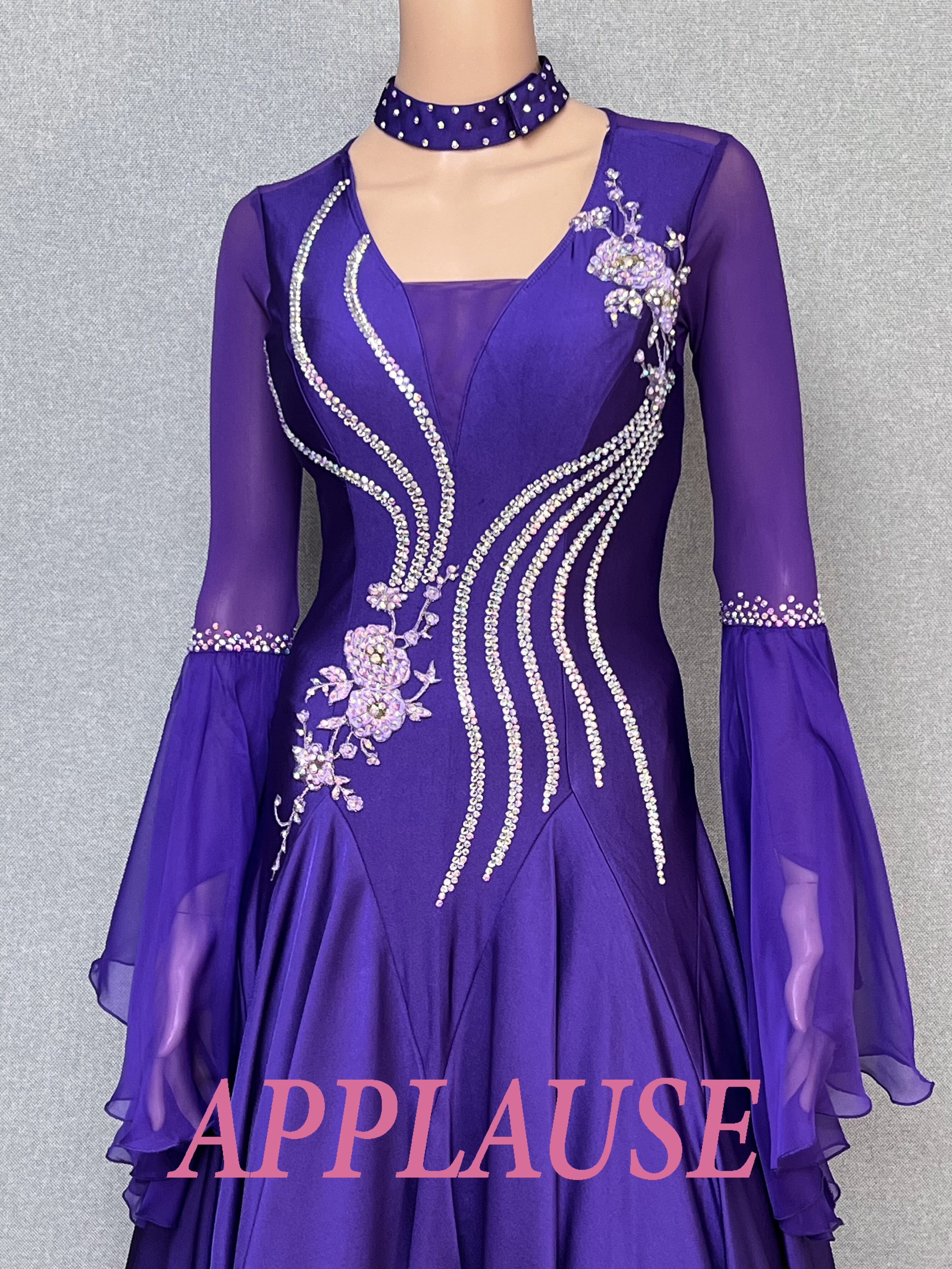 【新着】パーティードレス　社交ダンス ドレス　スタンダード　モダンドレス　パープル（ベルスリーブ）M　ST-25-22　デモ・競技用ドレス　発表会衣装　パーティドレス　ワンピース　舞台衣装