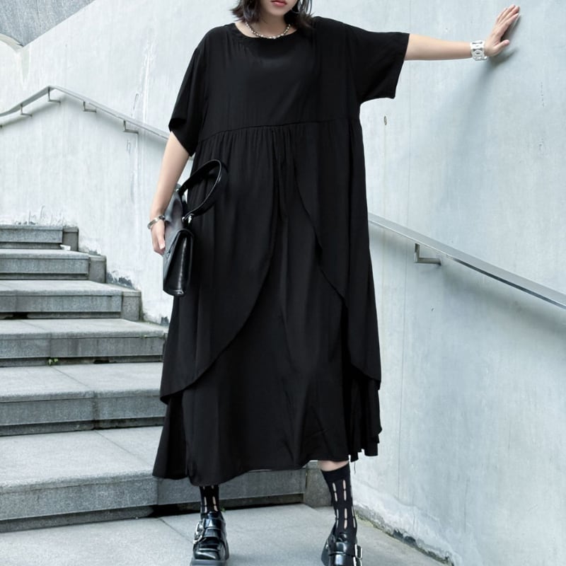 サイドポケット付きティアードスカートのクルーネック 五分袖マキシ丈ワンピース 1color ON0920