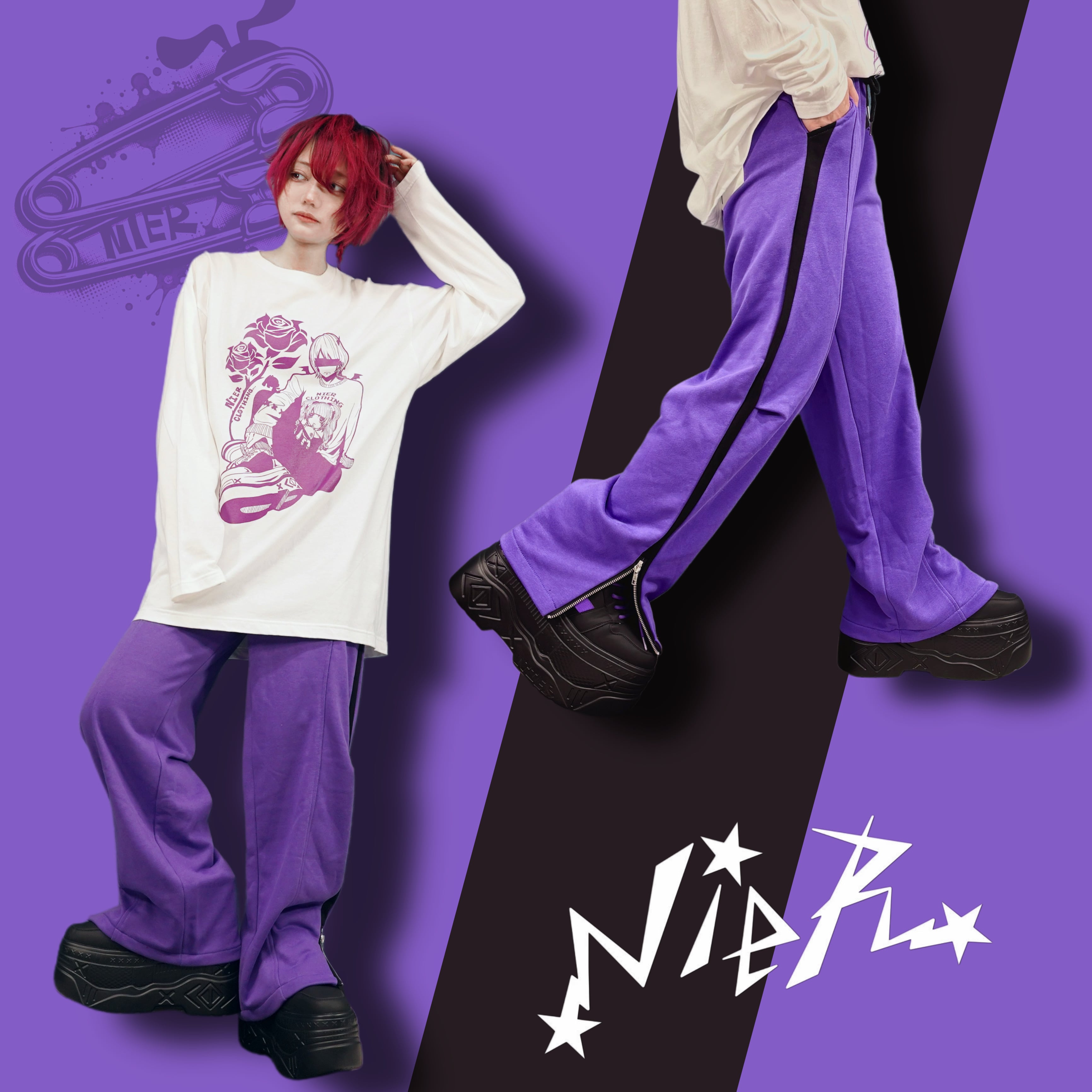 ZIP SLIT PURPLE WIDE PANTS【CHAIN HEART】 | NIER CLOTHING
