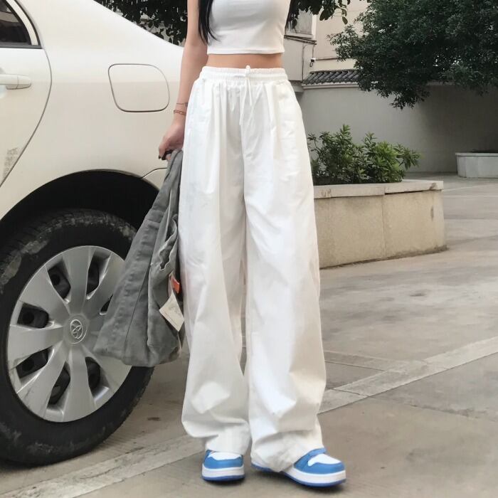 サマールーズカジュアルパンツ ホワイトストレッチハイウェスト エラスティック 伸縮 夏物 ケッペル369815281