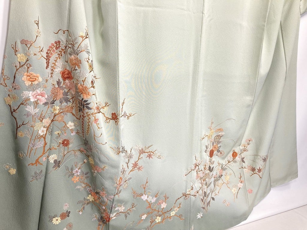 豪華総刺繍 蘇州刺繍 訪問着 一つ紋 四季の花々 正絹 黄緑 赤 緑 1091-