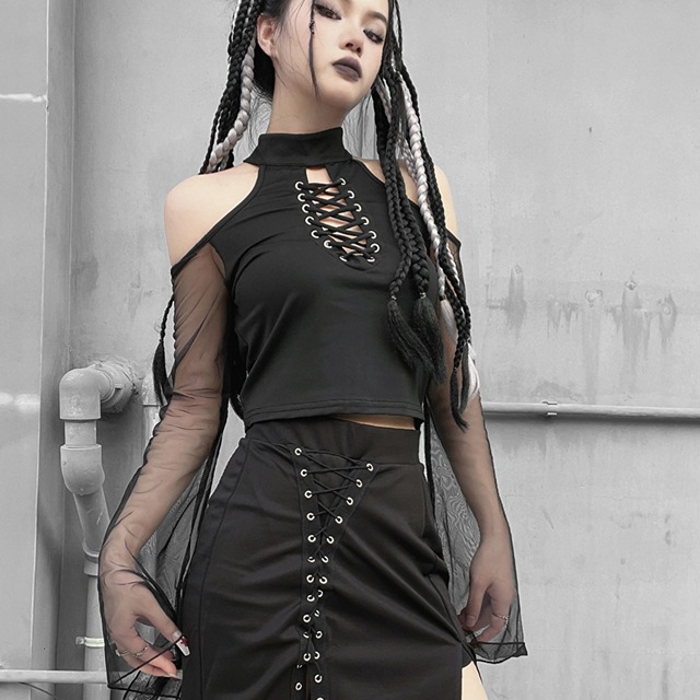 ゴスロリ通販 With U Miub シフォン Tシャツ シアー 透け感 ネック 編み上げ  病みかわいい ゴスロリ系 地雷系 病み服 バンギャ ゴスロリ服 病み服