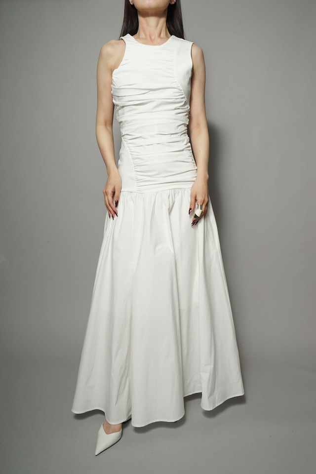 ASYM GATHER MAXI DRESS  (WHITE) 2402-69-83