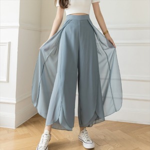 【送料無料】 ガウチョパンツ 透け感 シースルー Aライン フレア 体系カバー 無地 きれいめ 大人可愛い ゆったり ハイウェスト 30代 40代  フェミニン エレガント レディースファッション 可愛い 春 お出かけ 女子会 デイリーユース お茶会 お呼ばれ ウェストゴム