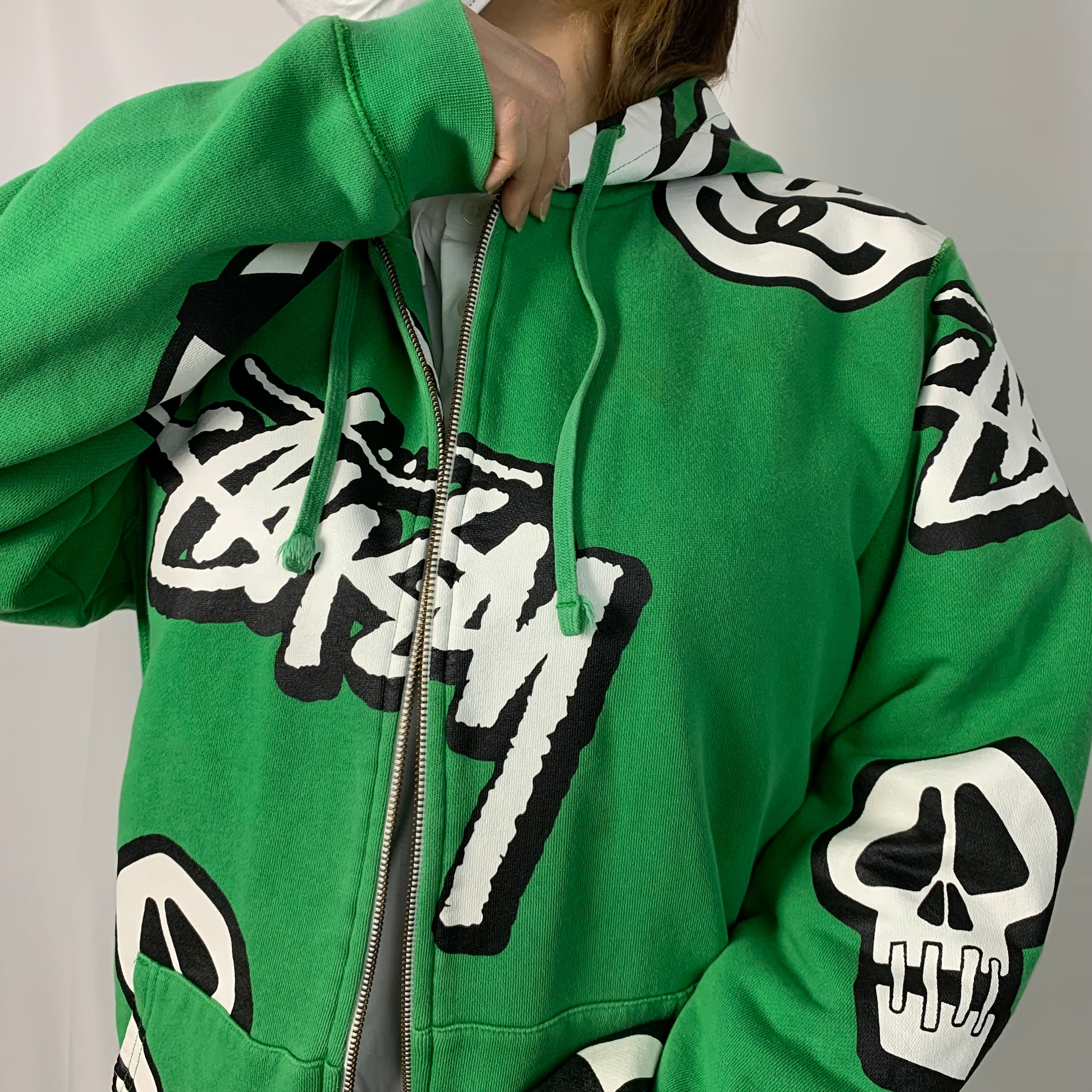 Stussy フードロゴ　ジップアップパーカー　緑