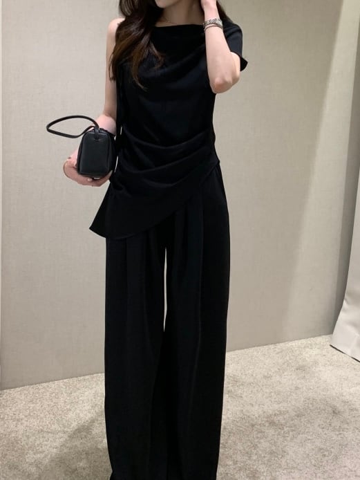 Tuck wide slacks/ black (即納商品)