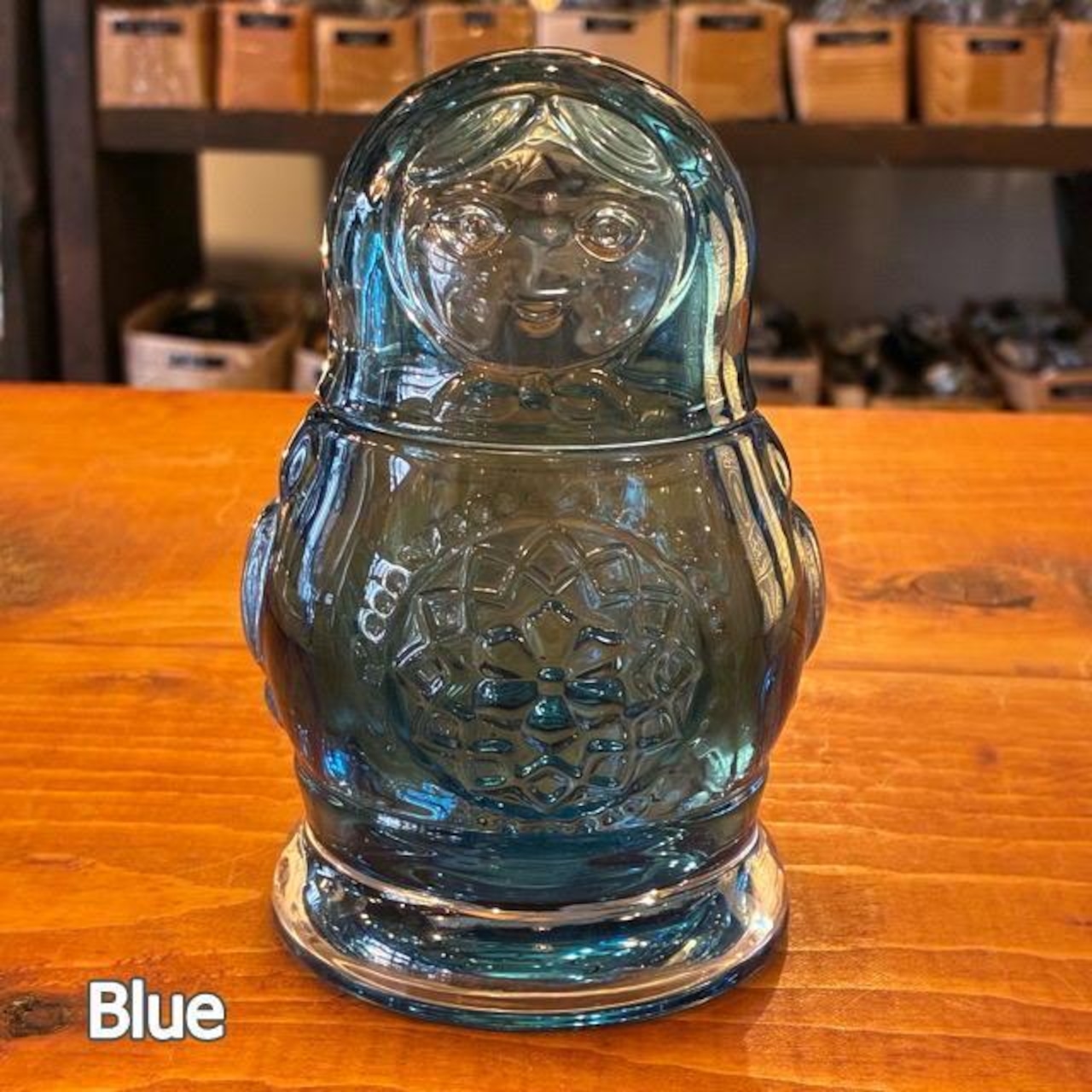 Matryoshka Jar 4 colors available: Red, Smoke, Orange, and Blue. Canister, candy container, glass jar.