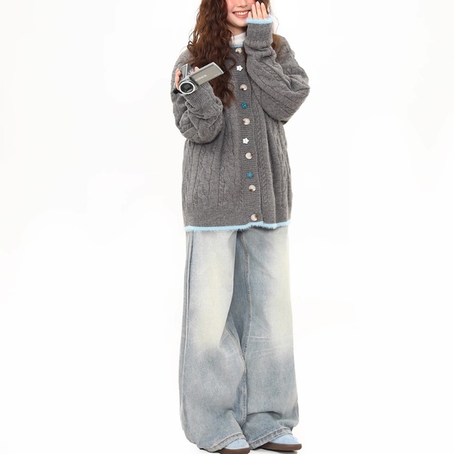 button front cable knit cardigan　ボタンフロントケーブル編みニットカーディガン　J1594