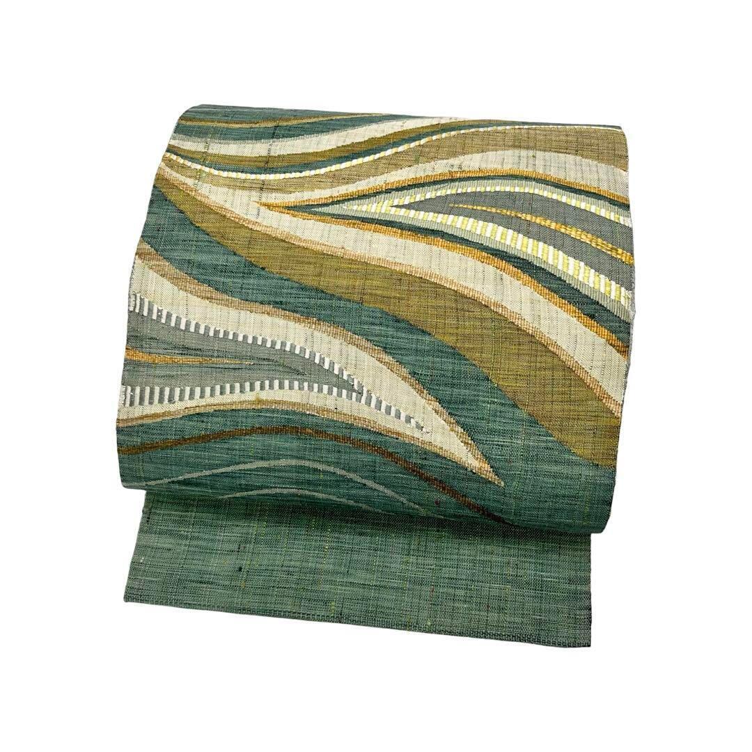 袋帯 西陣 じゅらく 紬 曲線模様 灰緑色 O-4101 | リユース着物わびさび 