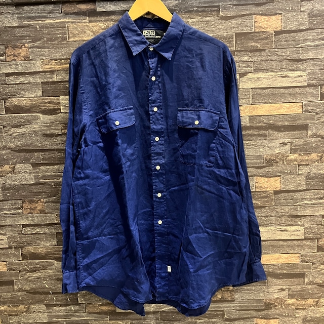 RALPH LAUREN LINEN SHIRT BLUE 1990'S OLD USA製