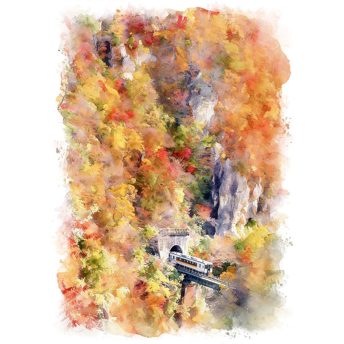 絵画(風景画) 日本 秋 宮城県 紅葉の鳴子峡 インテリアアート額付き 水彩画・油絵調 WAT1827
