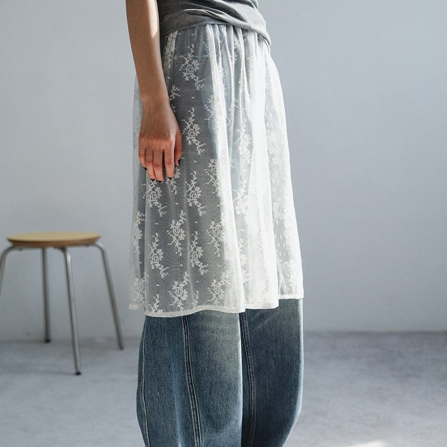 sheer lace gather skirt k-0130