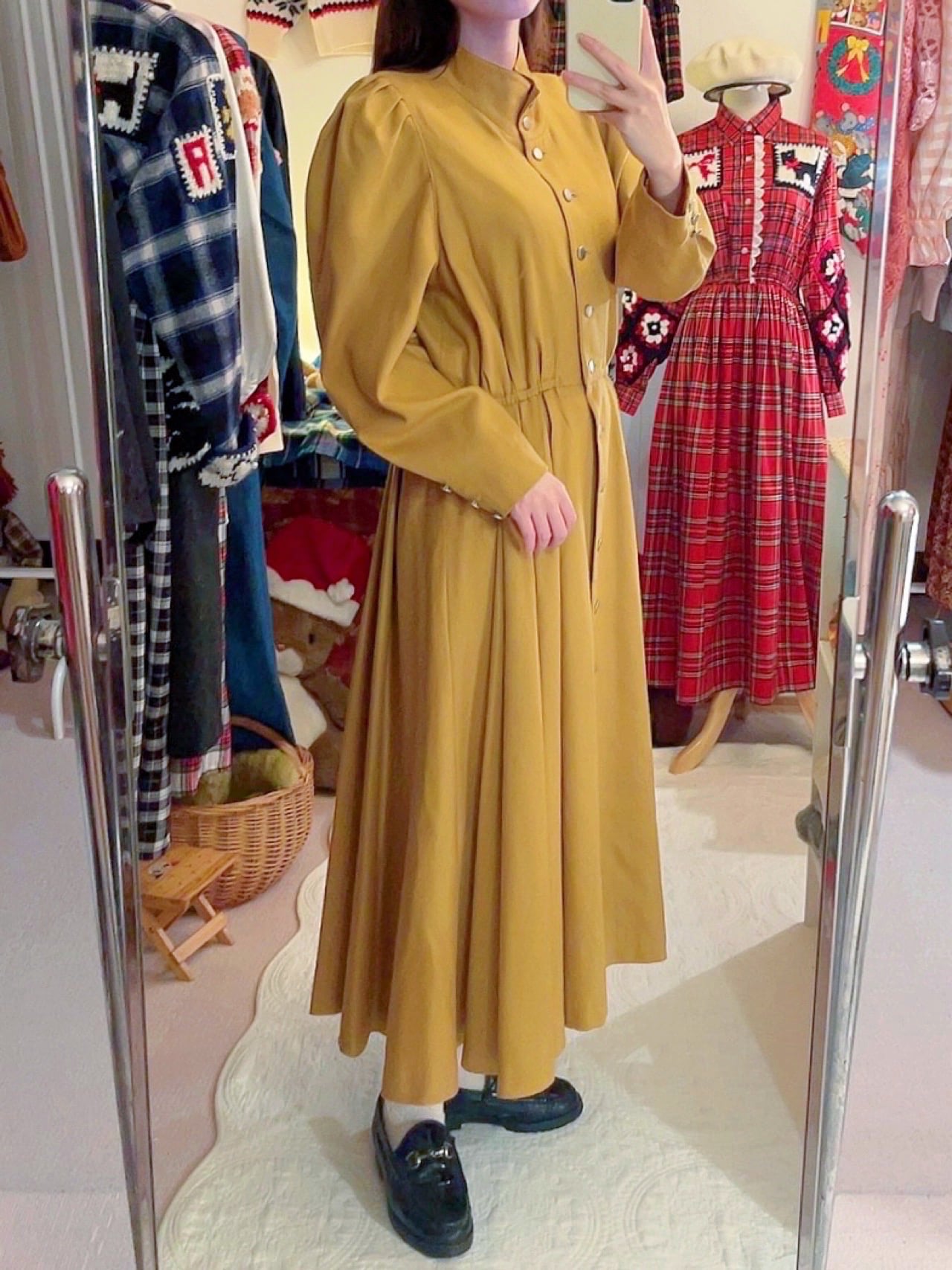 mustard front metal button one-piece