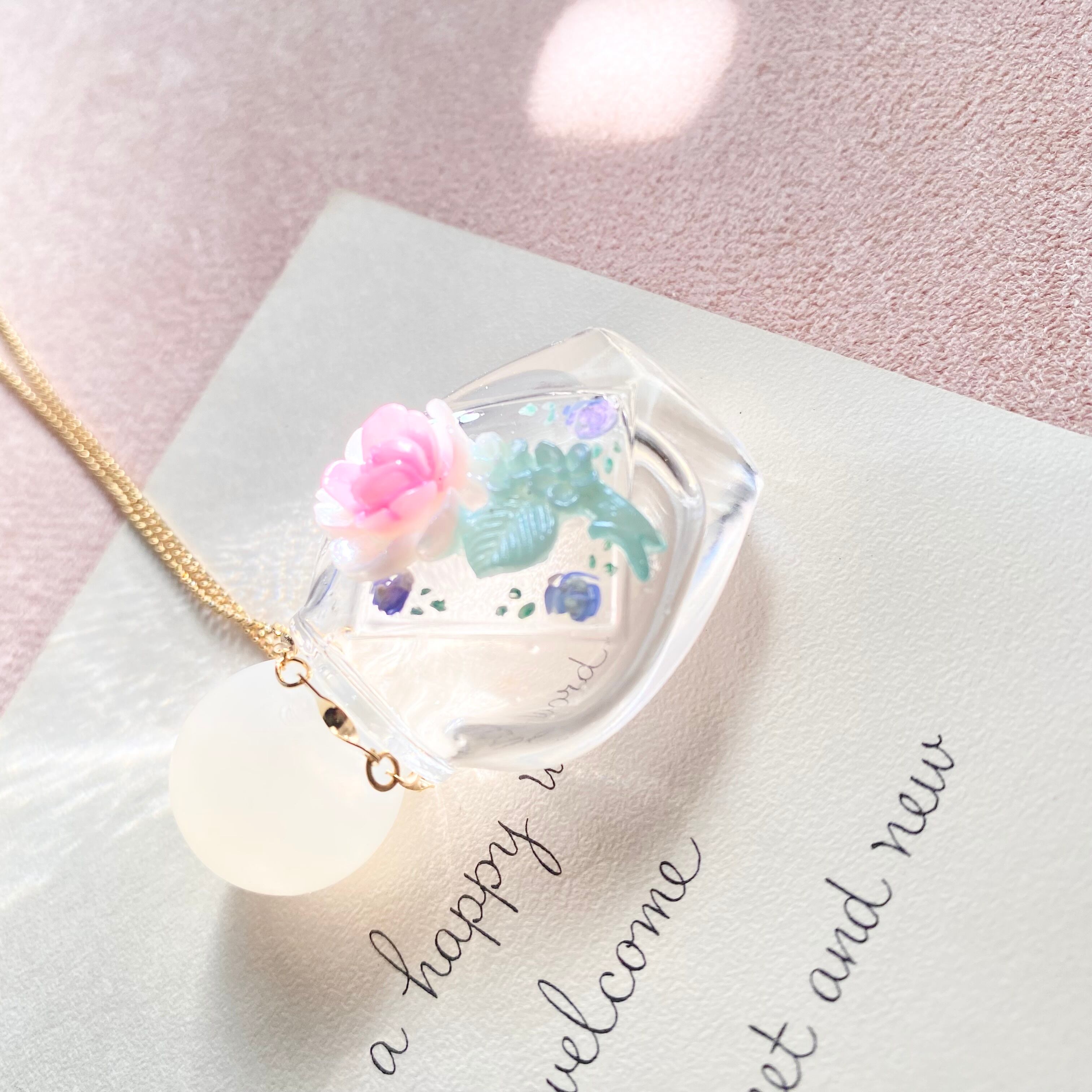 （ブルーとピンクローズ）Hand painted perfume neckless ペイント香水瓶ネックレス